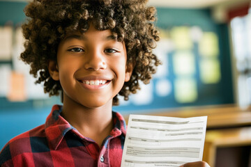 A joyful young boy with curly hair smiling confidently while holding his school report card in a classroom environment.