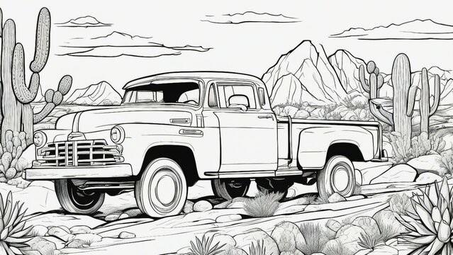 truck in the desert A black and white coloring book page for children with a car image. The car is a  pickup truck  