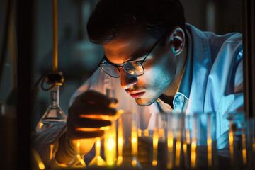 A dedicated male scientist carefully analyzes samples in a laboratory, surrounded by test tubes and scientific equipment.
