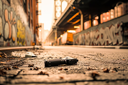 An abandoned handgun lies on a city street with graffiti and train tracks in the background during sunset.