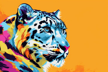 A pop art-inspired composition featuring a snow leopard in bold, contrasting colors