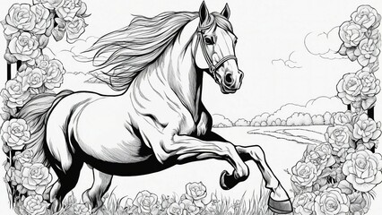horse drawn black and white, coloring book page,                                 A horse with a tail and a flowers rose