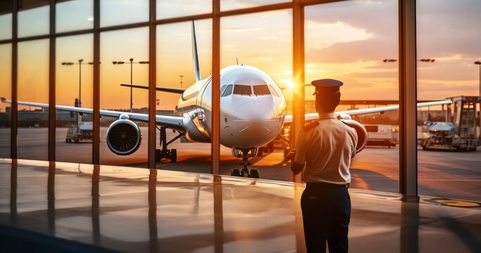 Pilot in uniform standing at boarding area, is looking out of window in morning sunrise. Generative AI