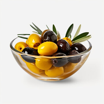 a bowl of black and yellow olives with transparent background created with Generative Ai