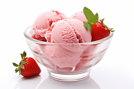 Delicious strawberry ice cream served in a glass bowl, isolated on a white background, showcasing its vibrant pink color. - Generative AI