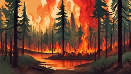 illustration of a wildfire in a coniferous forest.