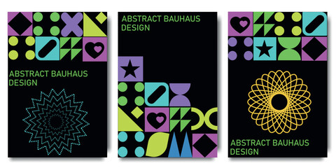 Abstract Bauhaus posters with  geometric elements. Modern minimalist geometric shapes with simple shapes and elements in retro psychedelic colors.