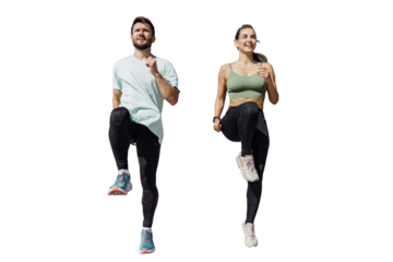 Warm-up a sporty man and a woman running coach doing a workout in fitness clothes and sneakers. Transparent background.