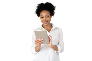 Online training A young curly-haired woman in a shirt is a student employee in a company using a tablet. Transparent background.