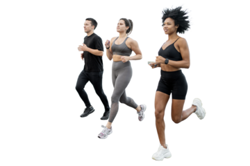 Yudi's friends warm up a sporty man and a woman running coach doing a workout in fitness clothes and sneakers. Transparent background.l