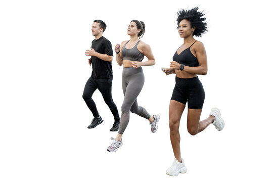 Yudi's friends warm up a sporty man and a woman running coach doing a workout in fitness clothes and sneakers. Transparent background.l