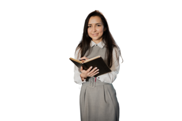 A woman in stylish clothes is an office employee making notes of a plan in a diary. Transparent background.