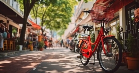 Fototapeta na wymiar The Timeless Elegance of a Red Bike on a Shopping Street. Generative AI