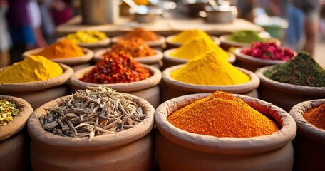 The Vibrant Hues of Indian Spices Adorning a Local Marketplace. Generative AI