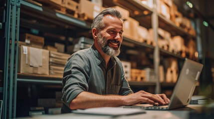 Middle-aged smiling at the camera, working on a laptop in a warehouse with shelves stocked with boxes in the background.