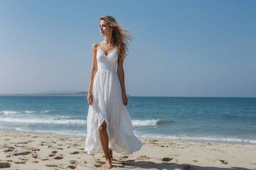 Fototapeta na wymiar woman in white dress against clear blue sea, gateway to peaceful journeys, travel cards, seaside serenity