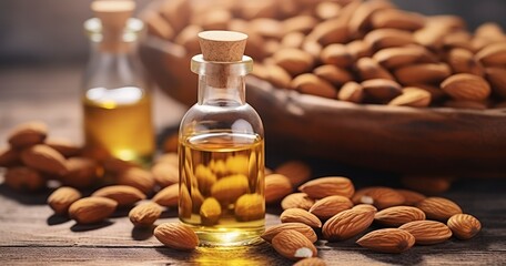 Organic Vegetable Oils for Cooking and Cosmetology, Featuring Almonds and Rustic Wooden Elements. Generative AI