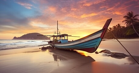 A Fisherman's Boat on a Tropical Beach, Basking in the Sunset Glow. Generative AI