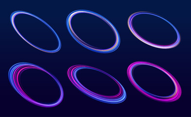 Night road speed illustration. Rounded neon line with light effect. Energy flow tunnel. Blue portal, platform.	
