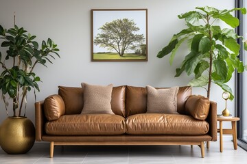 brown leather sofa in a living room with plants,