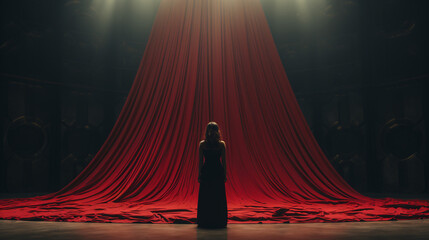 Generative AI. A figure stands before a vast, dramatic red curtain, evoking mystery and anticipation