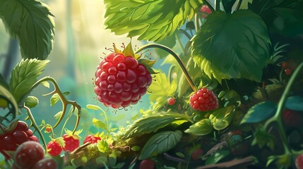 cartoon illustration of a magic raspberry bush - obrazy, fototapety, plakaty