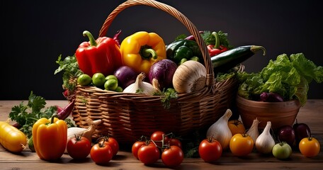 Obraz na płótnie Canvas A Rich Array of Vegetables Nestled in a Basket on a Rustic Table. Generative AI