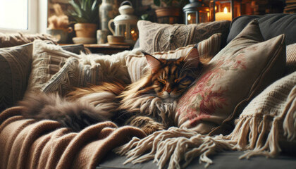 A Maine Coon cat sleeping on a couch in a living room.