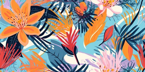 vibrant tropical flowers and leaves seamless pattern - obrazy, fototapety, plakaty