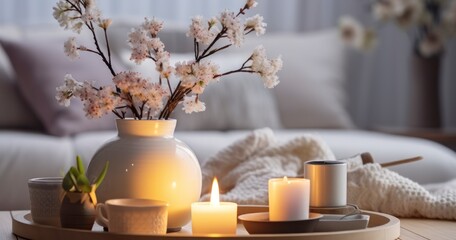 A Comforting Living Room Scene with Knitting Essentials, Flickering Candles, and a Perfume Diffuser Exuding Fresh Cherry Blossom Scents. Generative AI