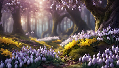 Purple snowdrops and yellow mimosa on moss in the spring forest - 703985601