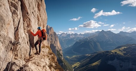 A Man rock climbing on sunny day at national park. Generative AI - obrazy, fototapety, plakaty