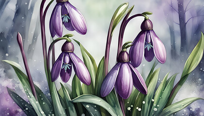 Purple snowdrops close-up stylized as a drawing - 703985655