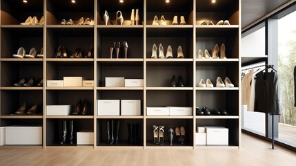 Obraz na płótnie Canvas A Wooden Walk-In Closet Merging Modern Design with an Array of High-End Shoes