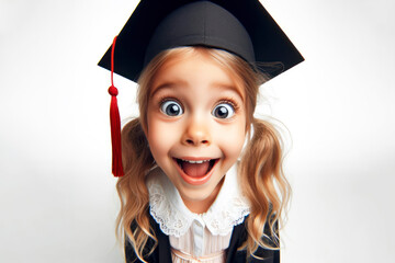 little smiling girl wearing a graduate hat surprised with Huge Eyes on white background, wide angle shot. ai generative