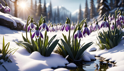 Purple white spring flowers snowdrops on the snow among the spring forest in the mountains - 703985834