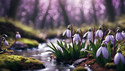 Purple spring flowers snowdrops by the stream in the middle of the spring forest - 703985850