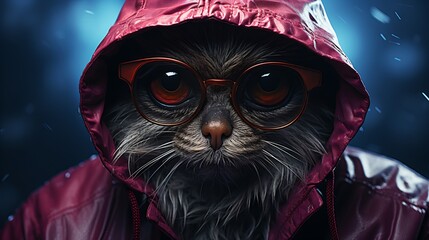 Cat wearing a red raincoat and glasses