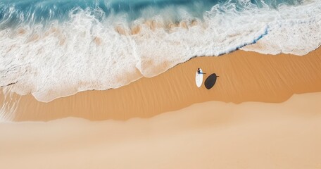 Naklejka premium A Man with His Surfboard, Seen from Above on a Sun-Kissed Beach. Generative AI