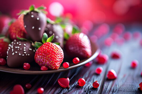 An image of luscious strawberries dipped in chocolate, elegantly arranged on a platter with a romantic background, perfect for Valentine's Day