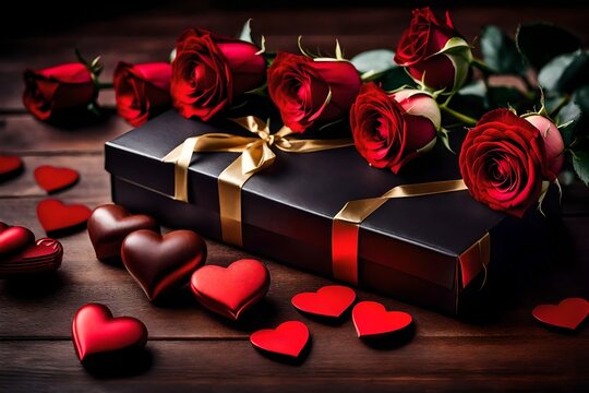 gift box with red rose, Valentine's Day Box of Chocolates and Red Roses stock photo-