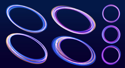 Neon light circle of speed in the form of a round whirlpool. Curve blue line light effect. Luminous spiral round frame.	