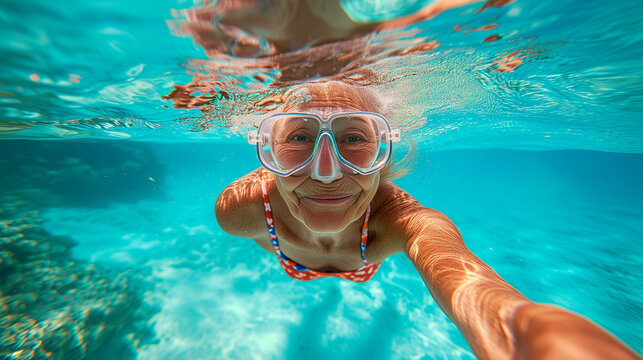 Active Senior Woman Snorkeling and Diving in Clear Water at the Beach.