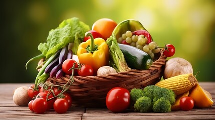 A Colorful Assortment of Fruits and Vegetables Piled in a Basket on a Wooden Table. Generative AI