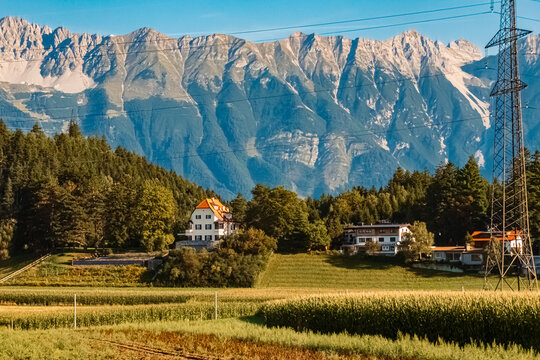 Alpine summer view with the famous Nordkette mountains near Igls, Innsbruck, Tyrol, Austria