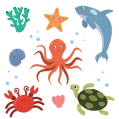 Fototapete Meeresleben Vector sea animals, Vector doodle cartoon set of sea life objects for your design