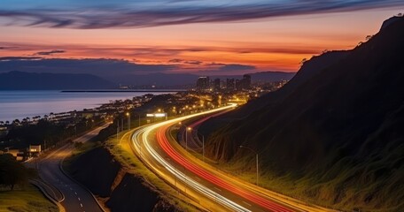 A Panoramic Nighttime View of a Bustling Highway as Sunset. Generative AI