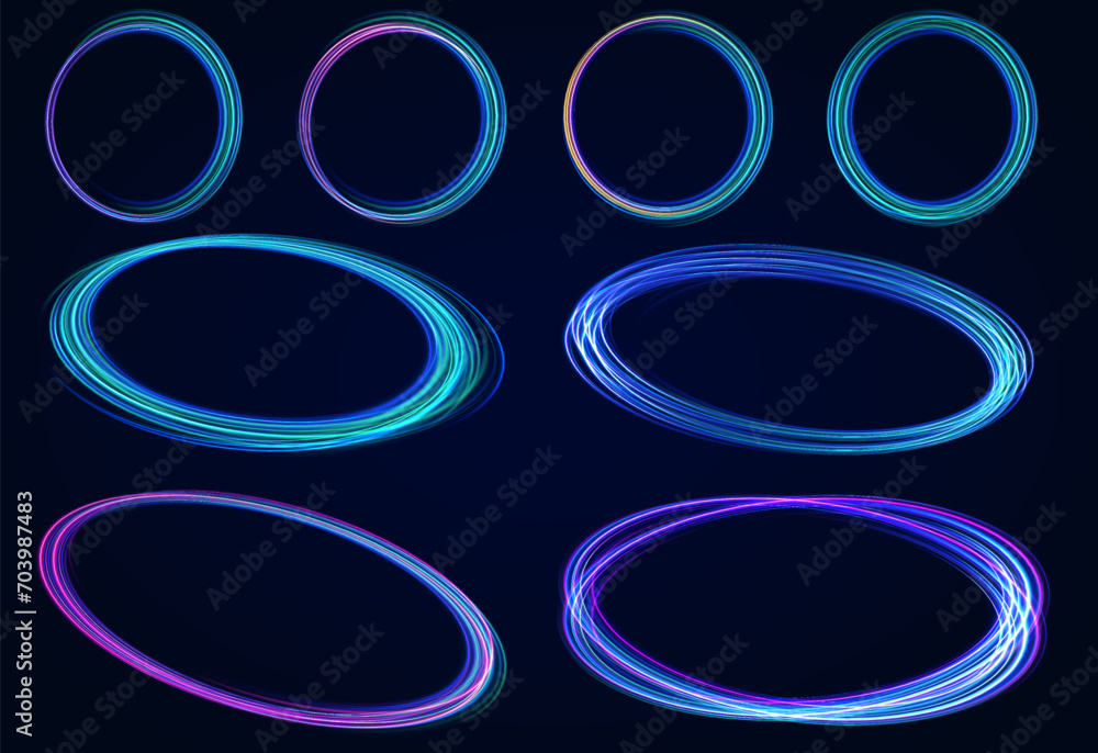 Poster colored neon ovals or circles for swirl shiny rings light effect. glow luminous glitter shimmer trai