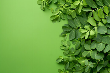 Top view of fresh moringa leaves on a vibrant green background, providing a refreshing and natural scene with ample copy space
