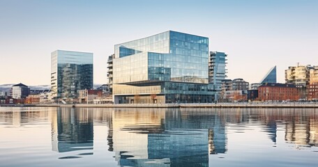 Fototapeta premium Modern buildings with their reflection into the water. These are some of the new buildings. Concepts of travel and architecture. Generative AI